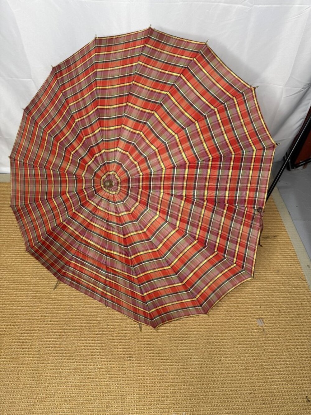 Vintage Orange Yellow Plaid Umbrella Wooden Handle Sun